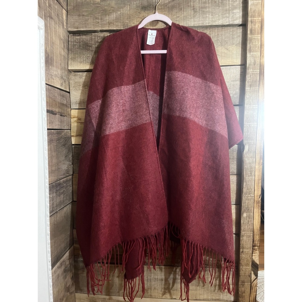 Woolrich Womens Burgundy Red Striped Open Front Poncho Wrap with Fringe One Size
